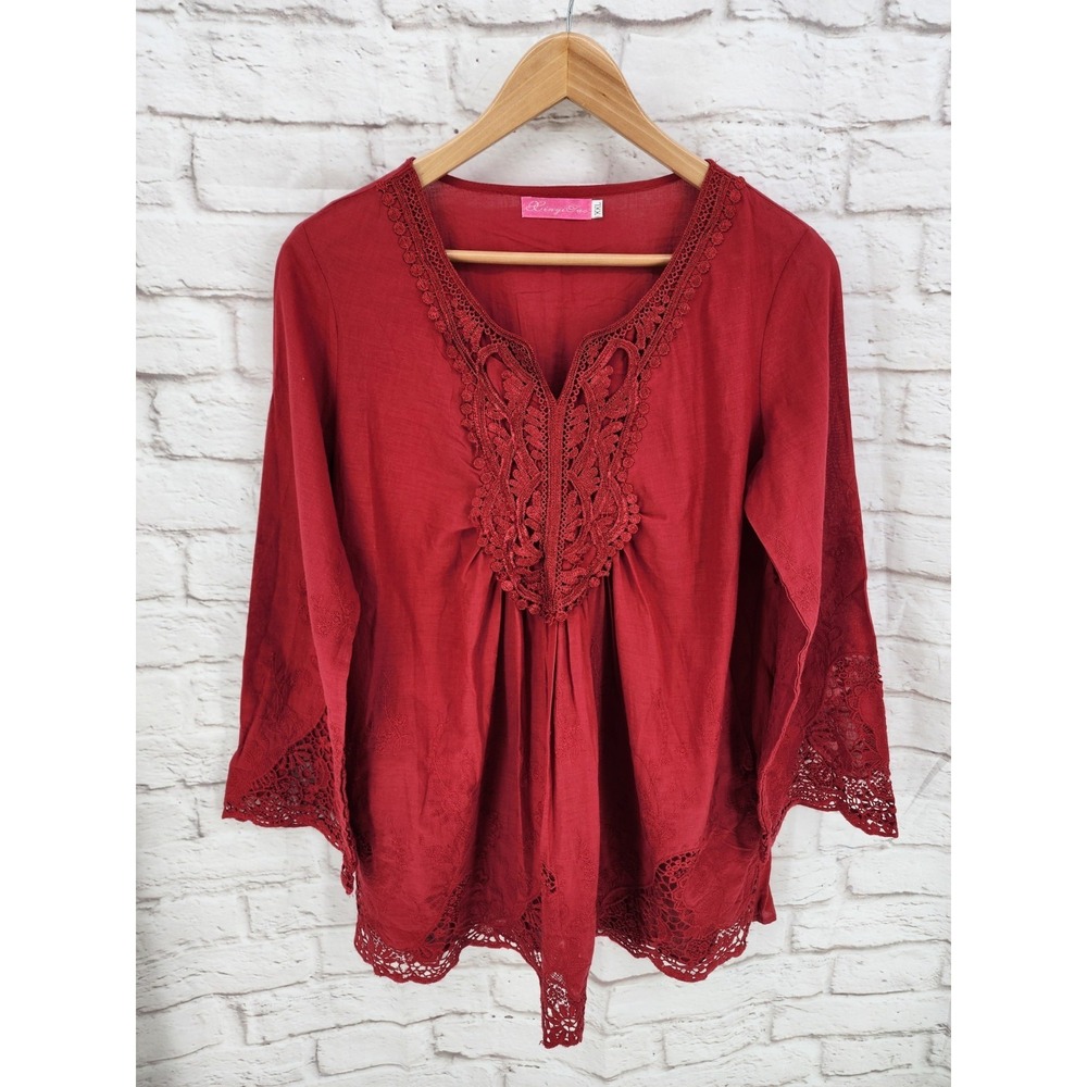 Gauzy Embroidered Lace Top Boho Size XXL Peasant Coastal Beach Romantic Red 2XL